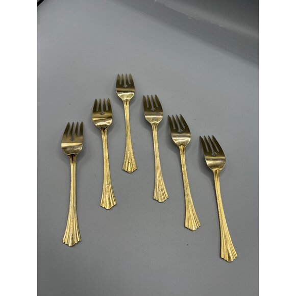 7 Royal Gallery Gold Electroplate Salad Forks Lavish Luncheon Dessert Fork Set - Picture 4 of 8